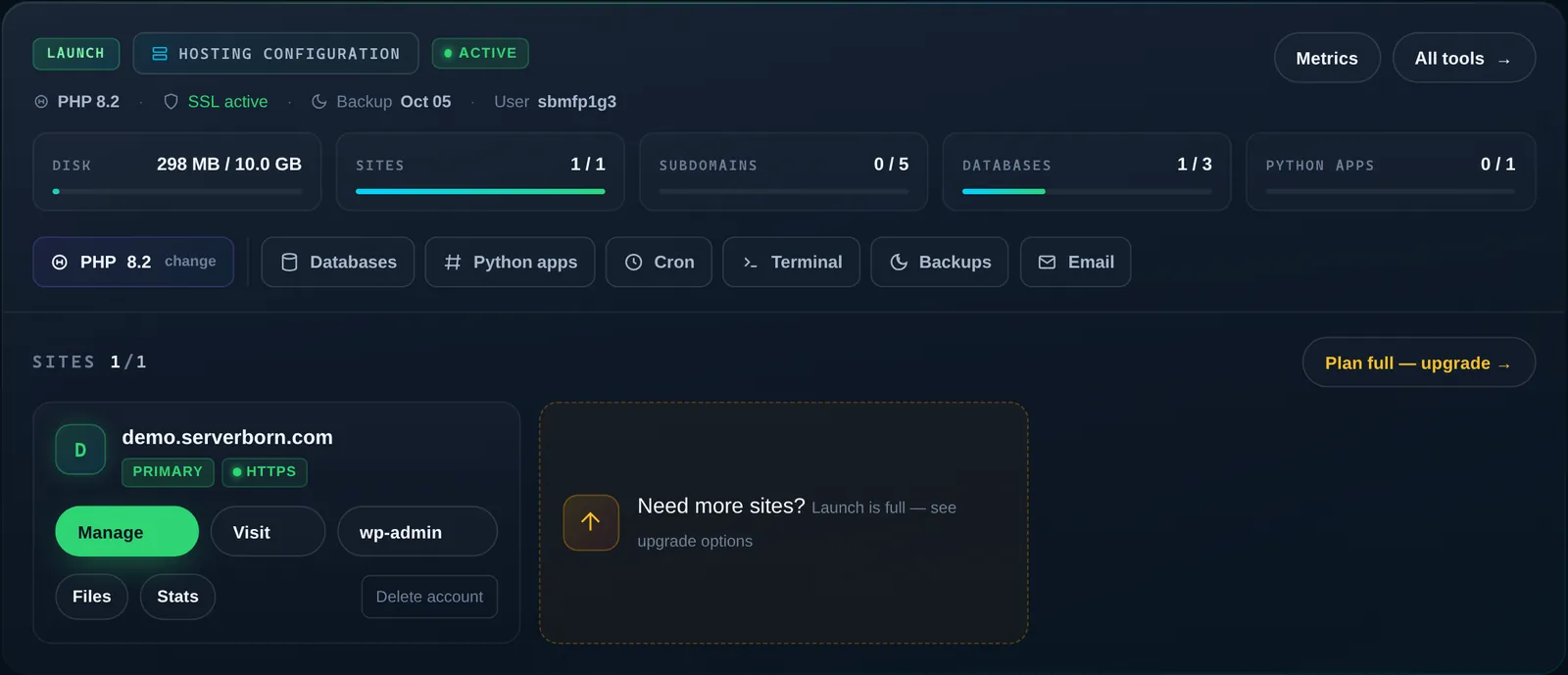 A hosting-plan card: quotas, quick tools and your site tiles