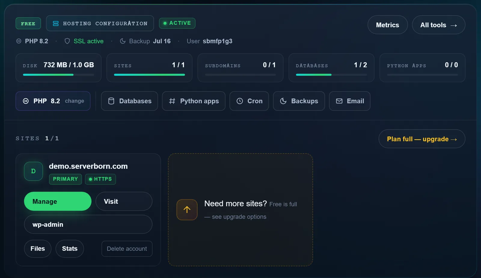 A hosting-plan card: quotas, quick tools and your site tiles
