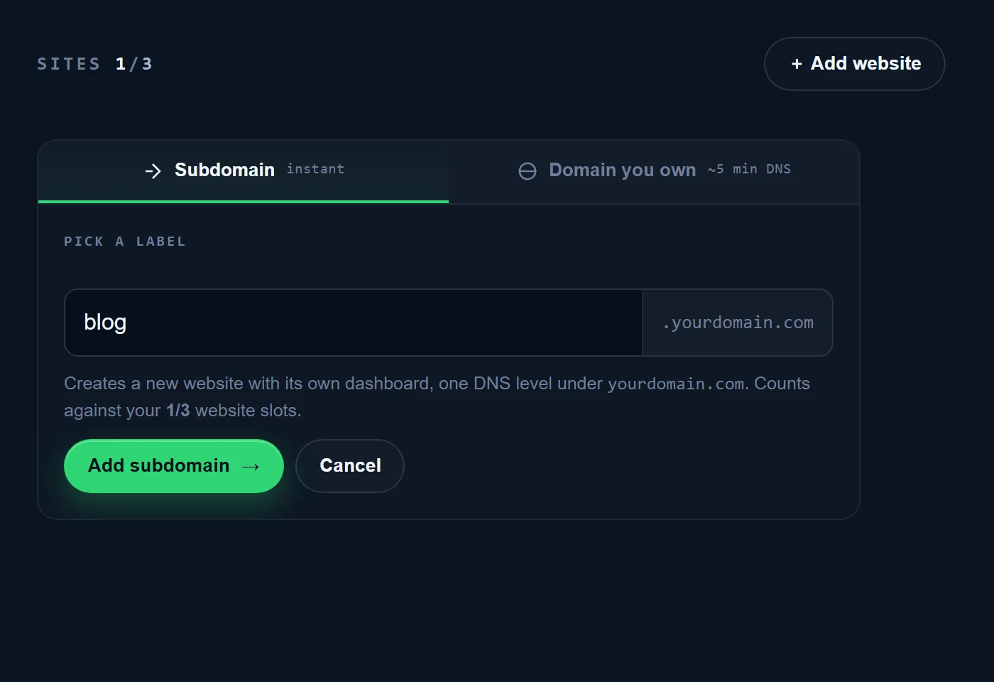The add-website panel — Subdomain for instant, or a domain you own