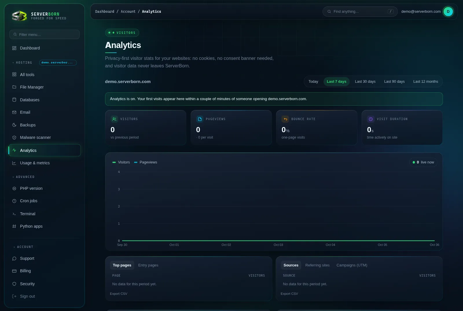 The analytics dashboard (shown on the demo account, before its first visits)