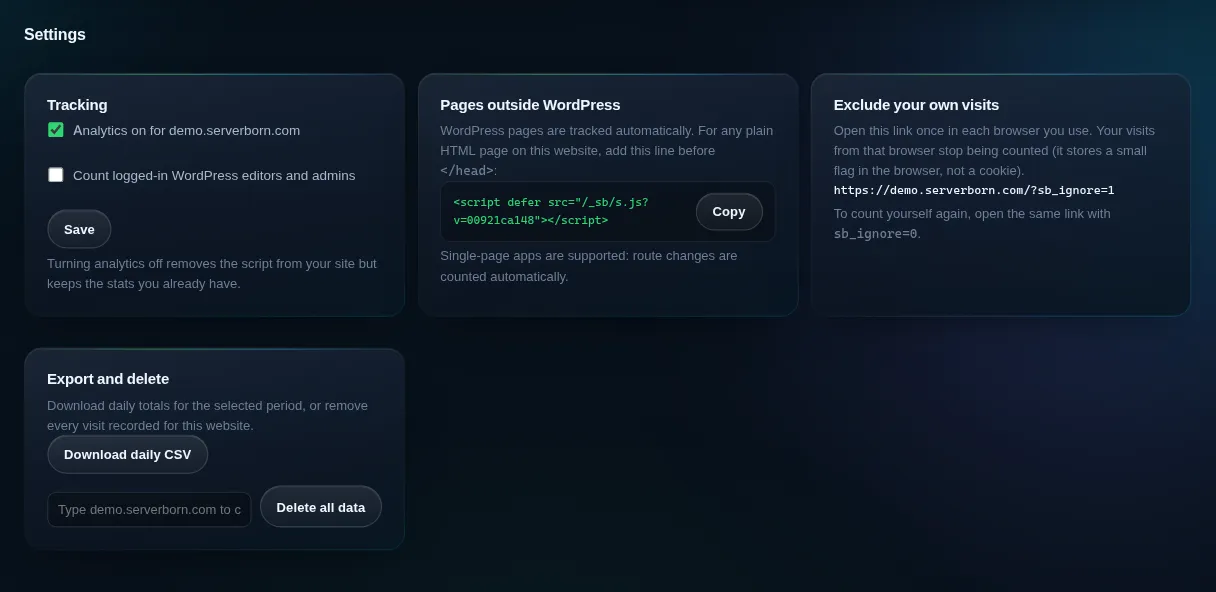 Analytics settings: tracking options, the script line, excluding your visits, export and delete