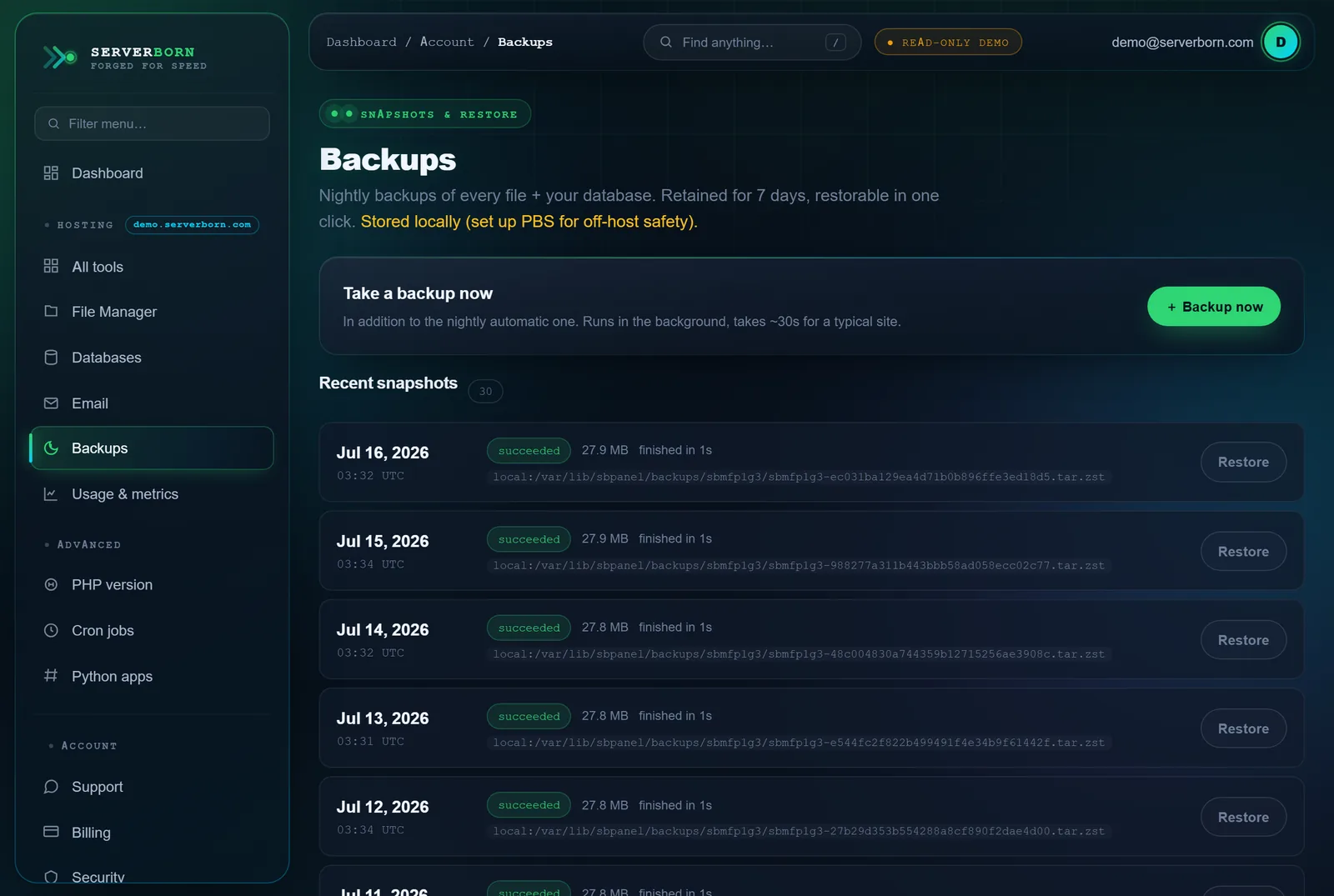 The Backups page — take one now, and restore any snapshot from the list