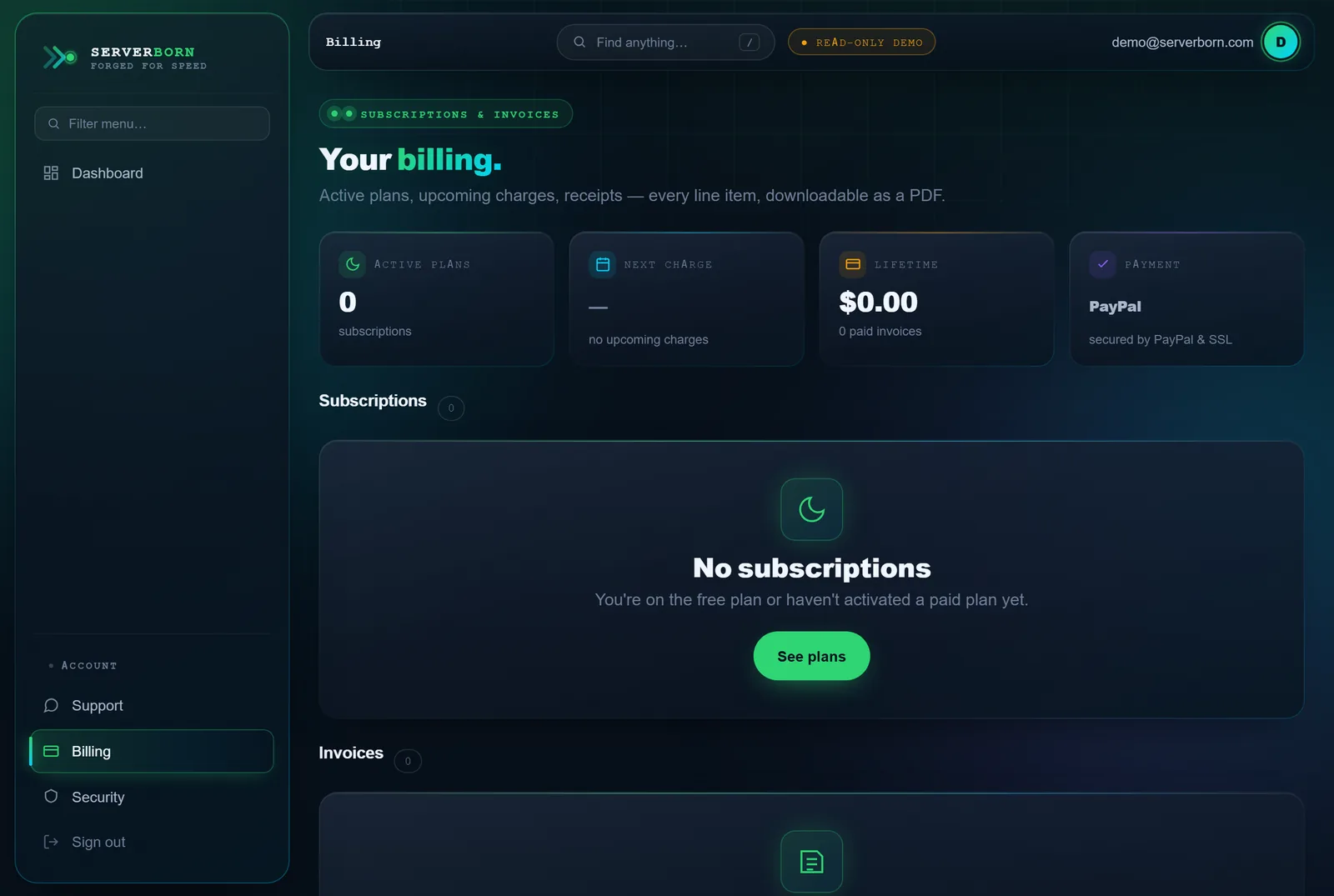 Billing — subscriptions, next charge and every invoice with PDF