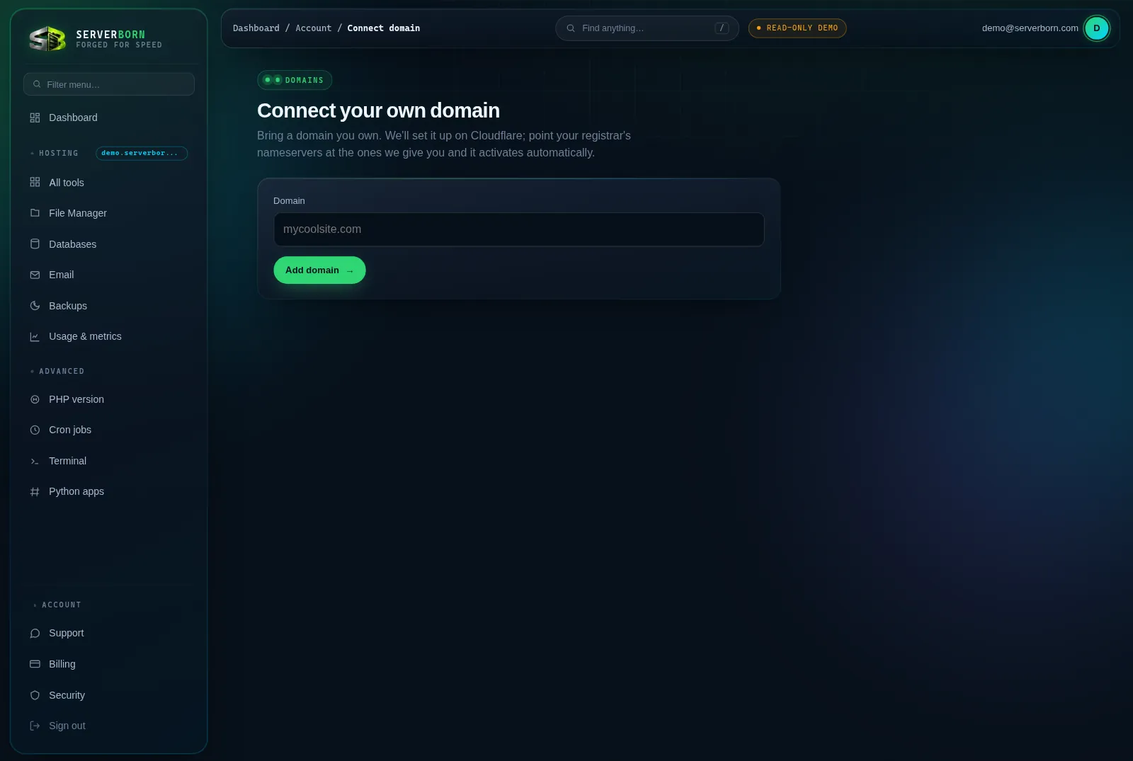 The Connect-a-domain page: enter the domain, get your two nameservers