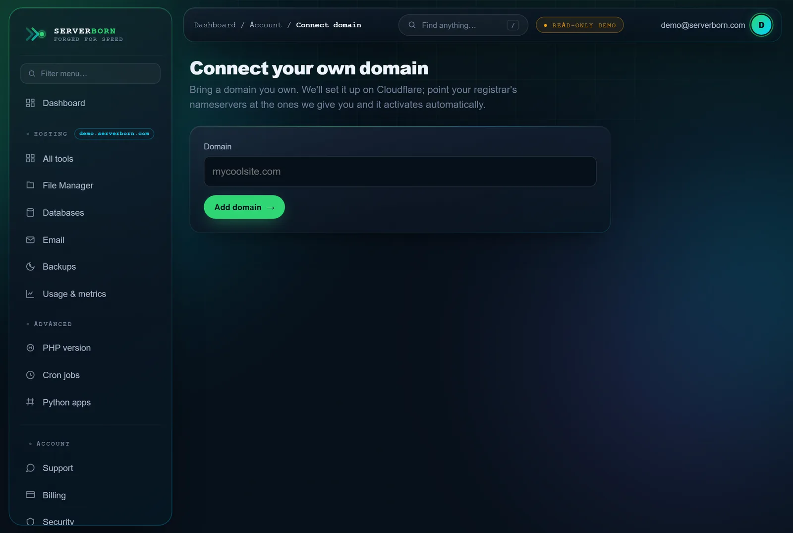 The Connect-a-domain page — enter the domain, get your two nameservers