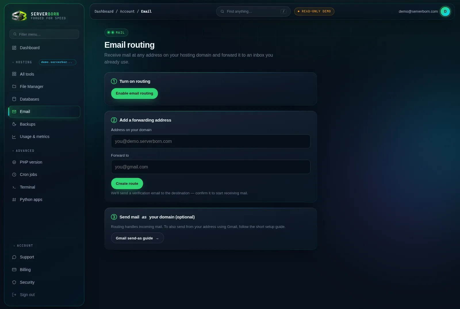The Email page: enable routing, then add forwarding addresses