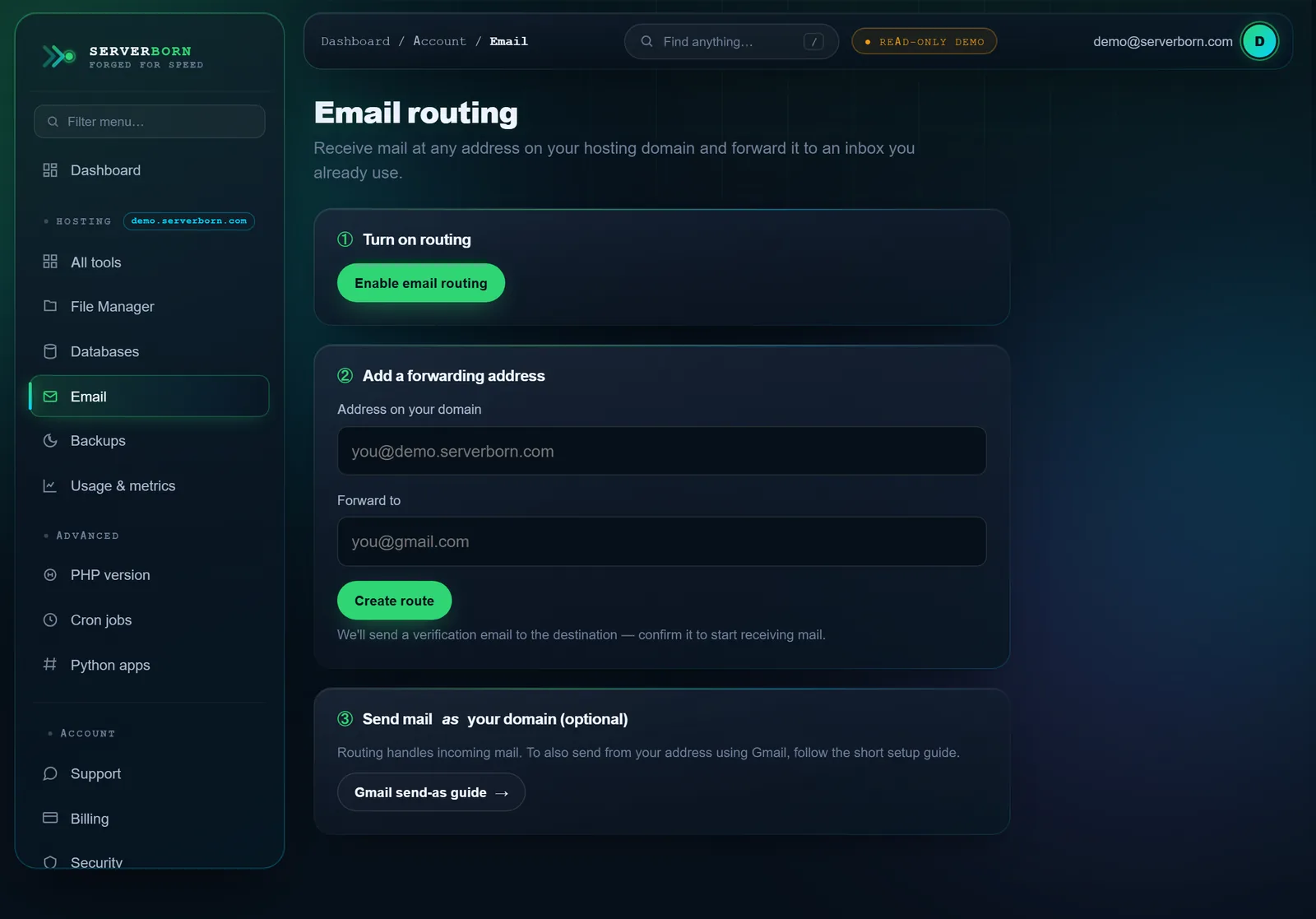 The Email page — enable routing, then add forwarding addresses
