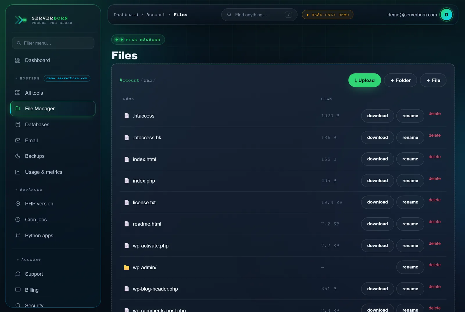 The file manager — breadcrumbs, actions, and drag-and-drop anywhere