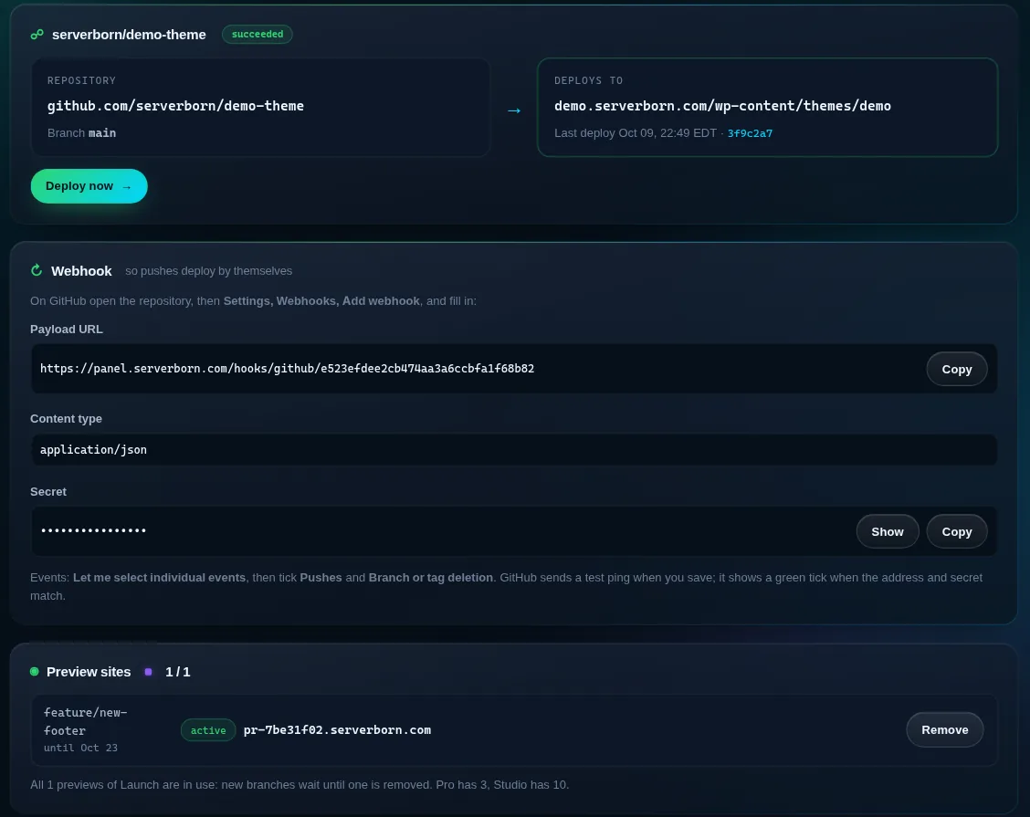 The Git deploy page with the connected repository, webhook details and a preview site