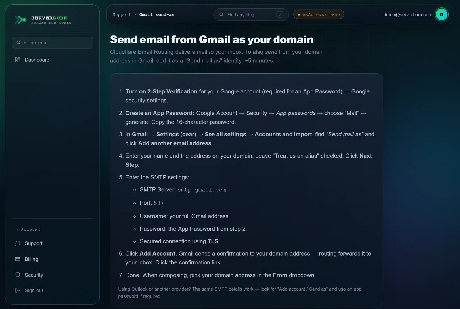 The built-in Gmail send-as walkthrough with the exact SMTP settings