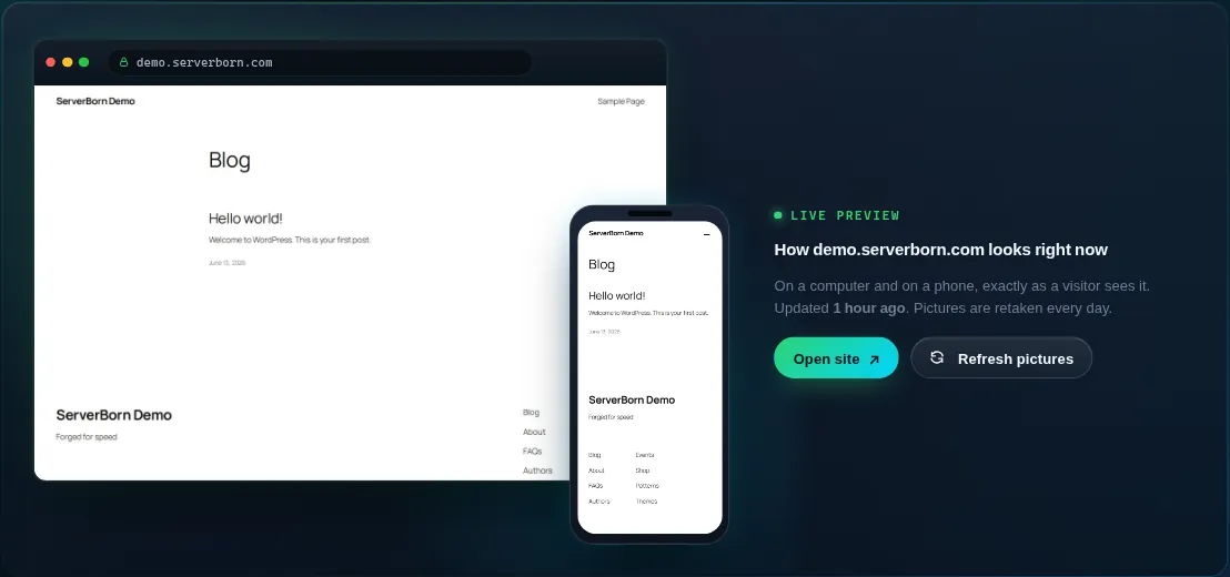The Live preview on a website's Manage page, with a computer and a phone picture of the site