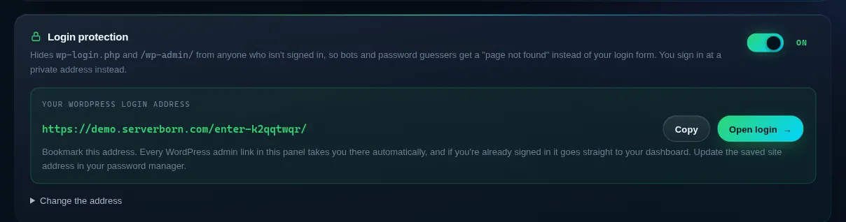 Login protection switched on, with the private login address and Copy / Open login buttons