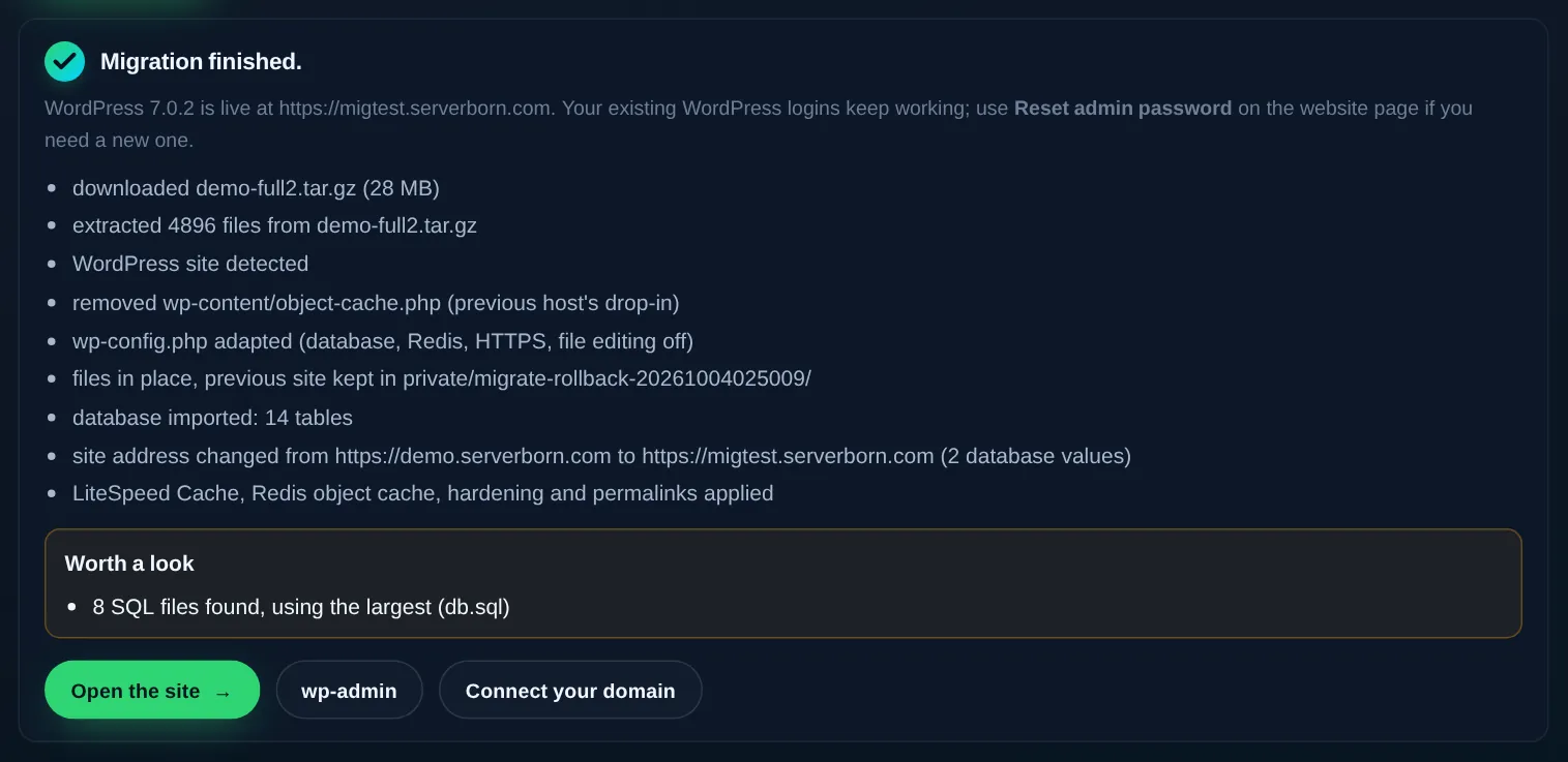 A finished migration report listing every step and the new address