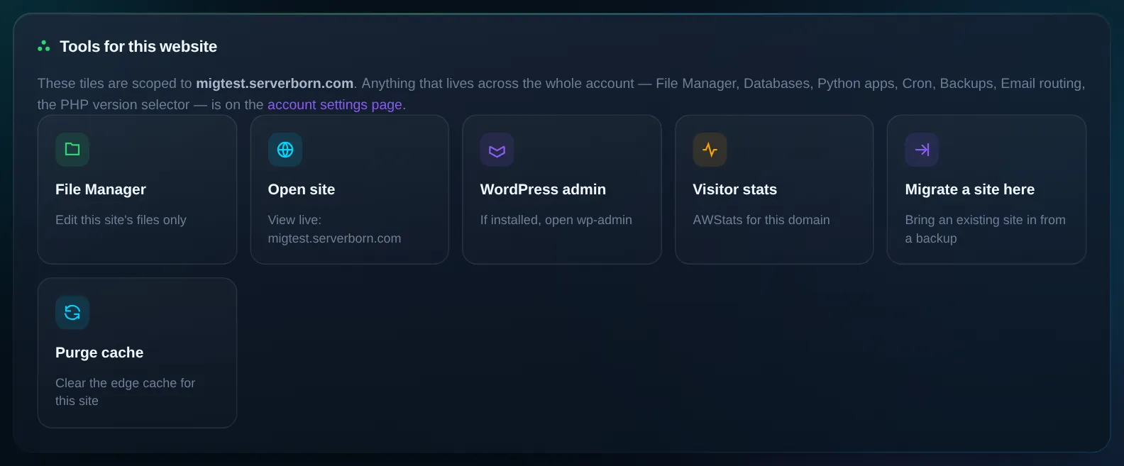 Website tools in the panel with the Migrate a site here tile