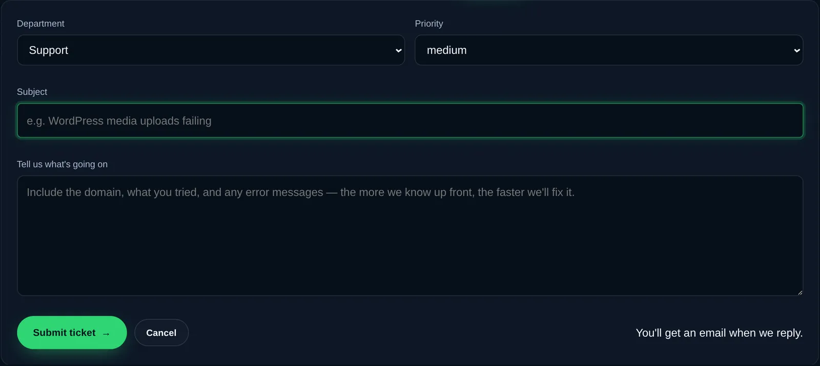 The new-ticket form: department, priority, subject and the details