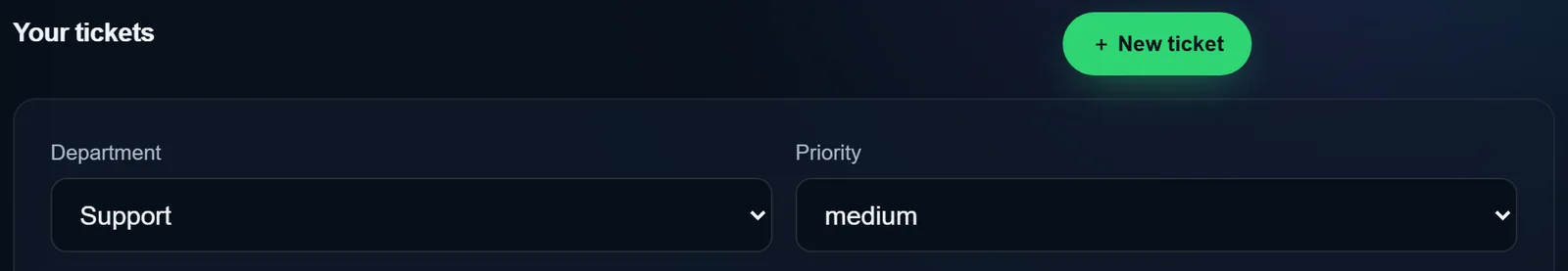 The new-ticket form — department, priority, subject and the details