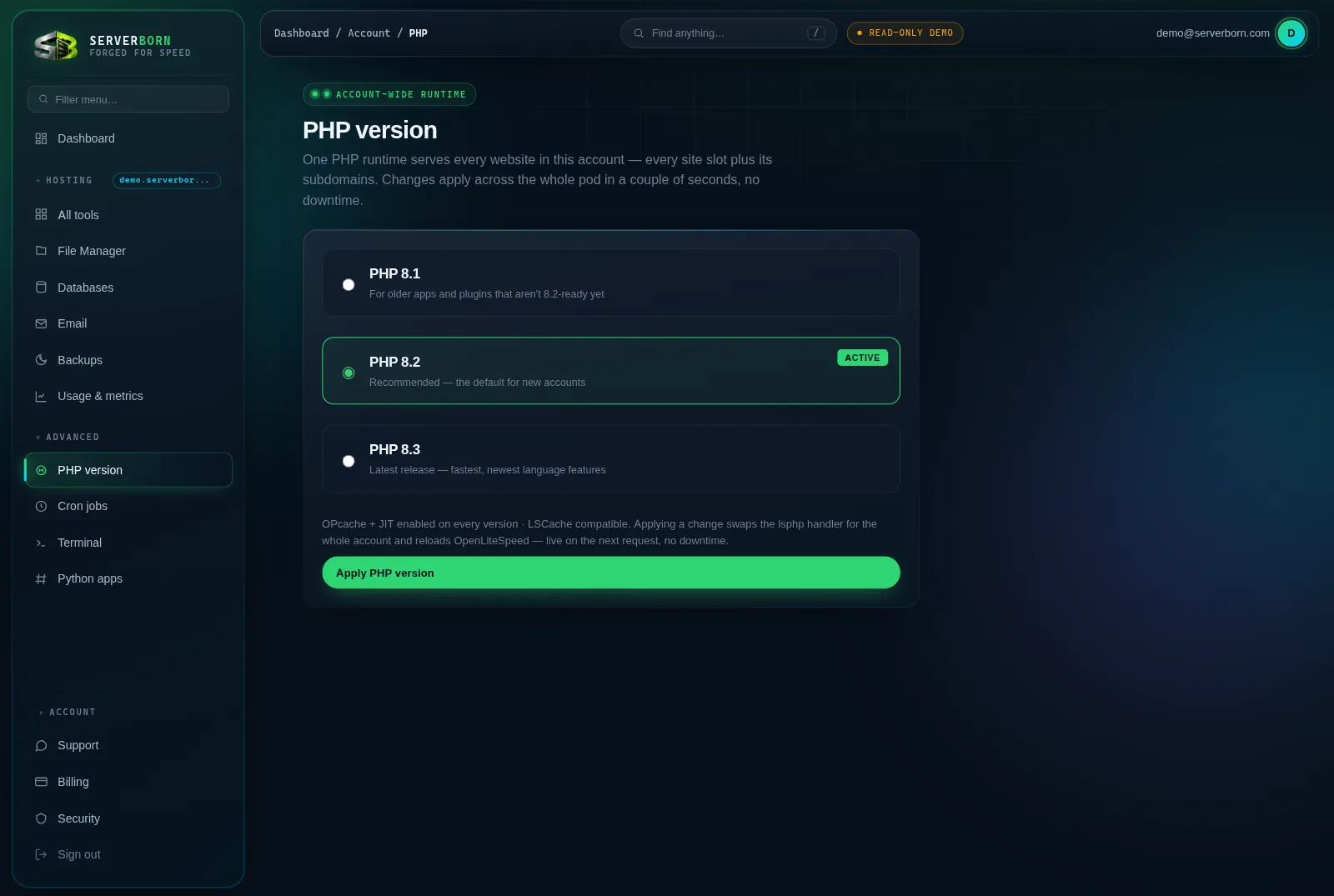 The PHP selector: pick a card, apply, done