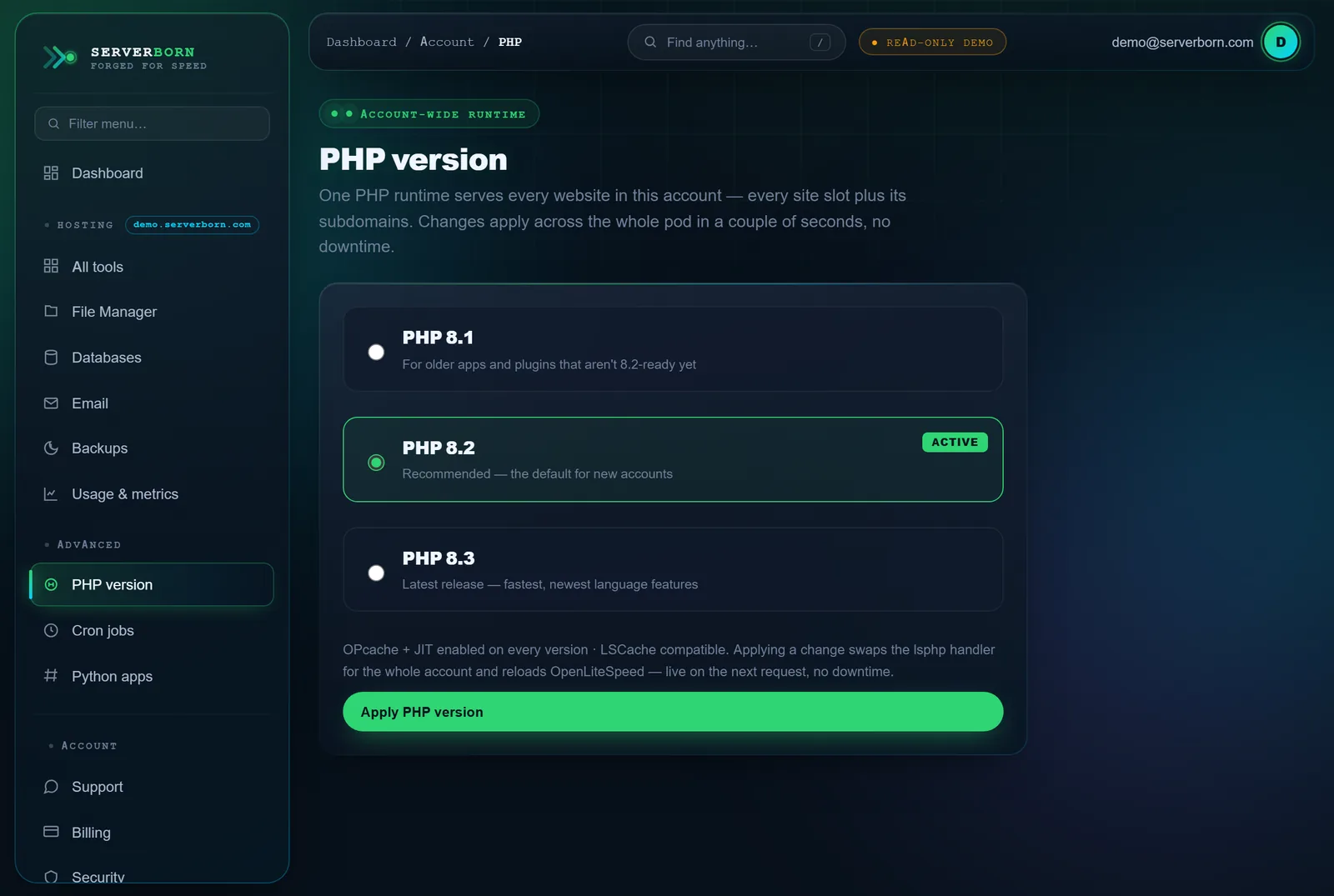 The PHP selector — pick a card, apply, done