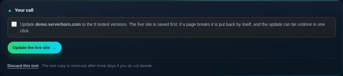The Your call panel with the confirmation box and the Update the live site button