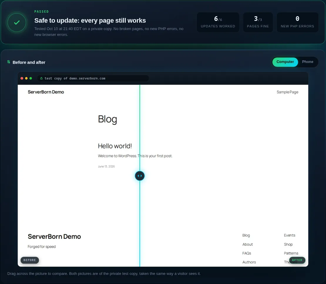 The safe update report with the verdict, counters and the before and after picture slider