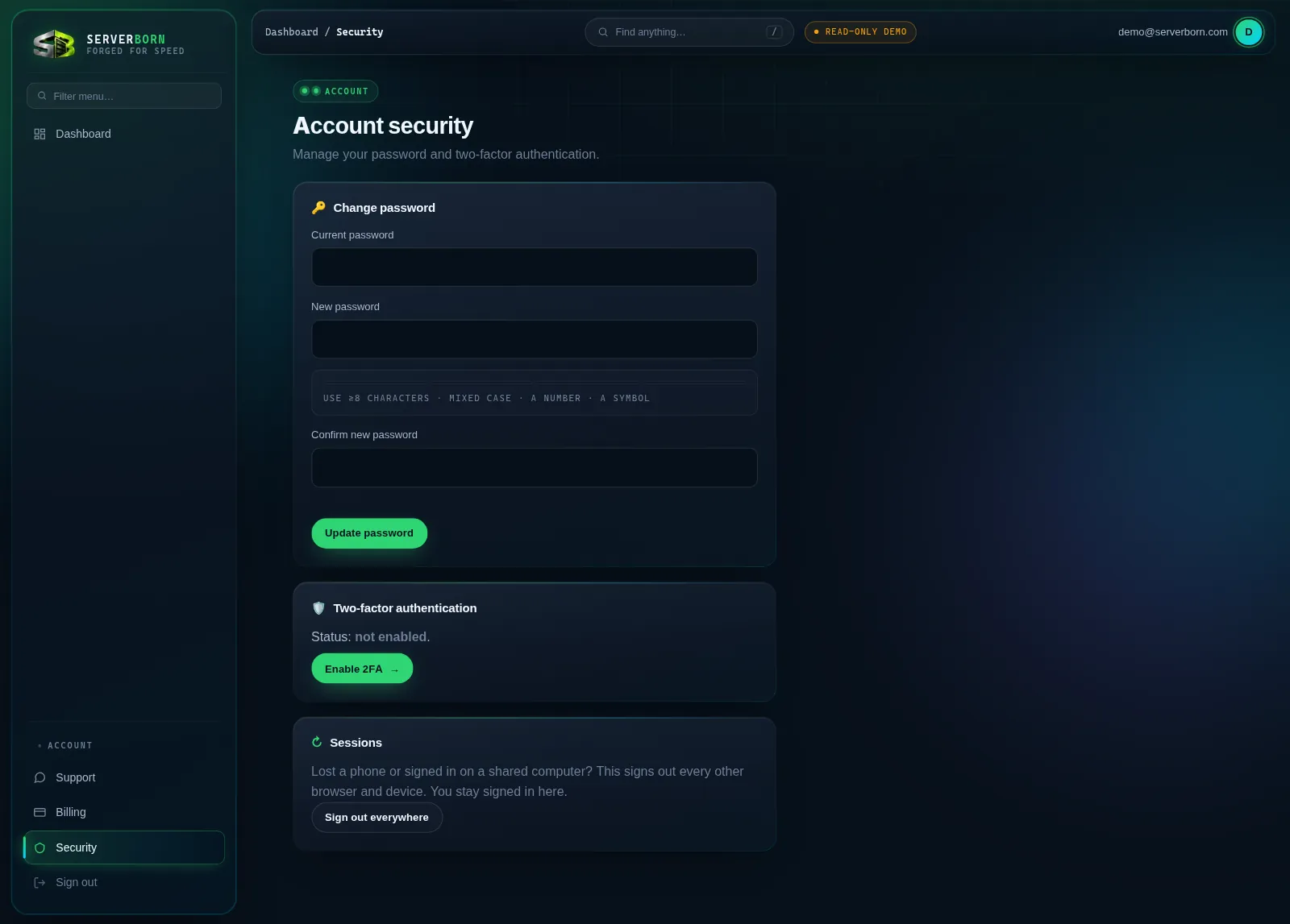 The Security page: password change and two-factor