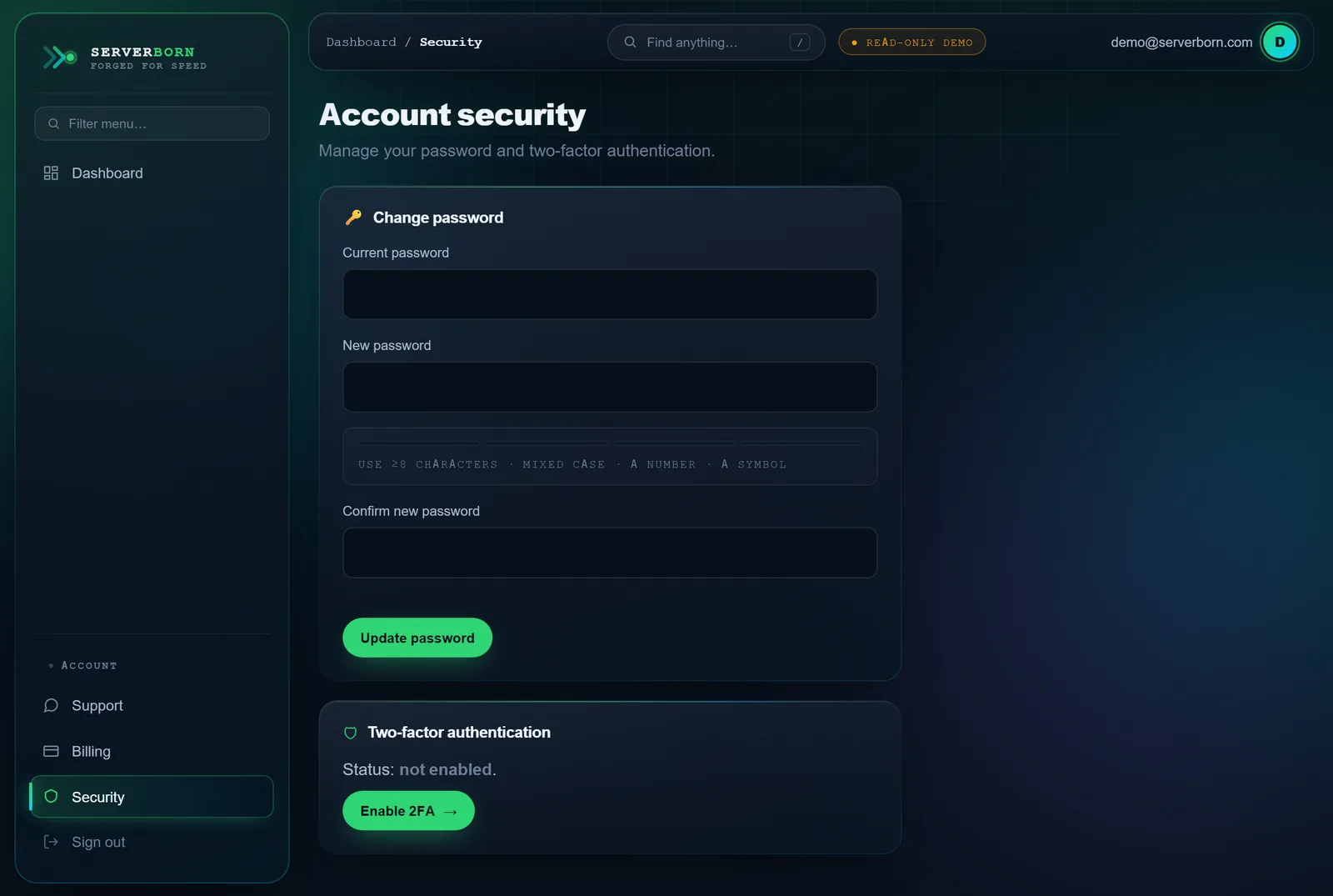 The Security page — password change and two-factor