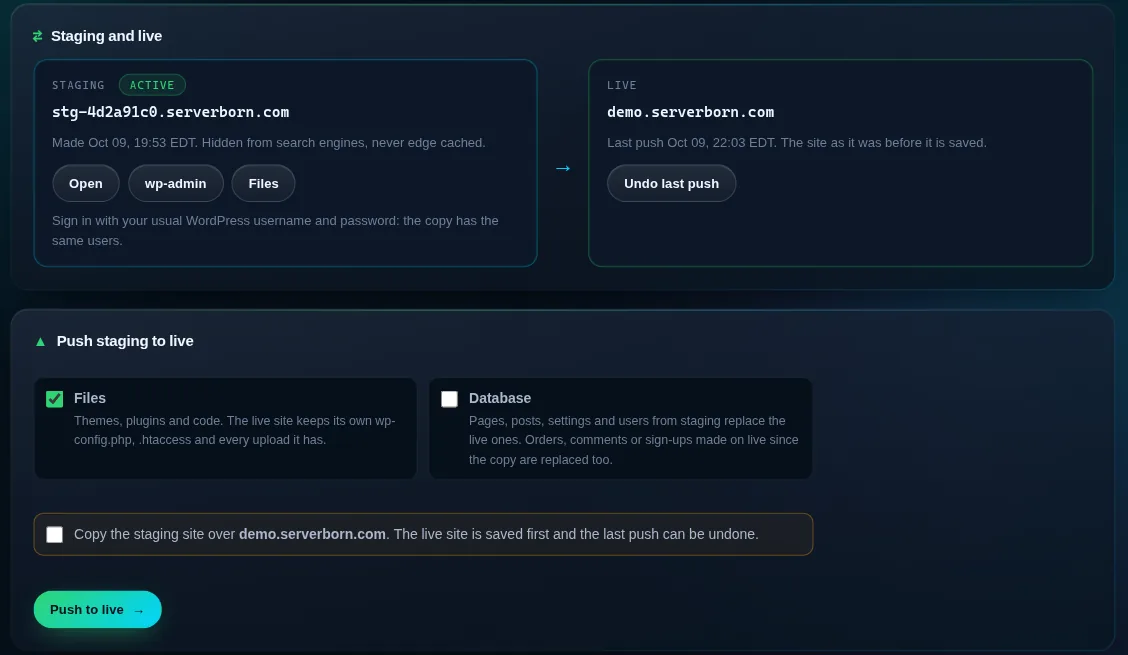 The Staging page with the staging and live sites side by side and the push form