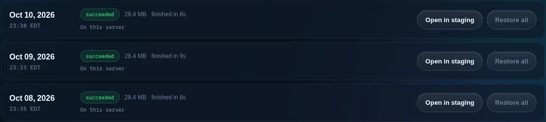 Backups with the Open in staging and Restore all buttons