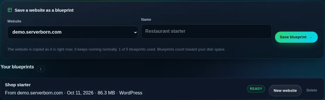 The Blueprints page with the save form and a saved blueprint
