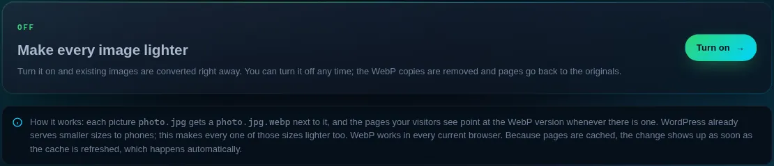 The Image optimization page with the Turn on button