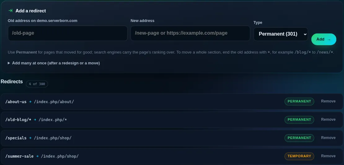 The Redirects page with the add form and a list of permanent and temporary redirects