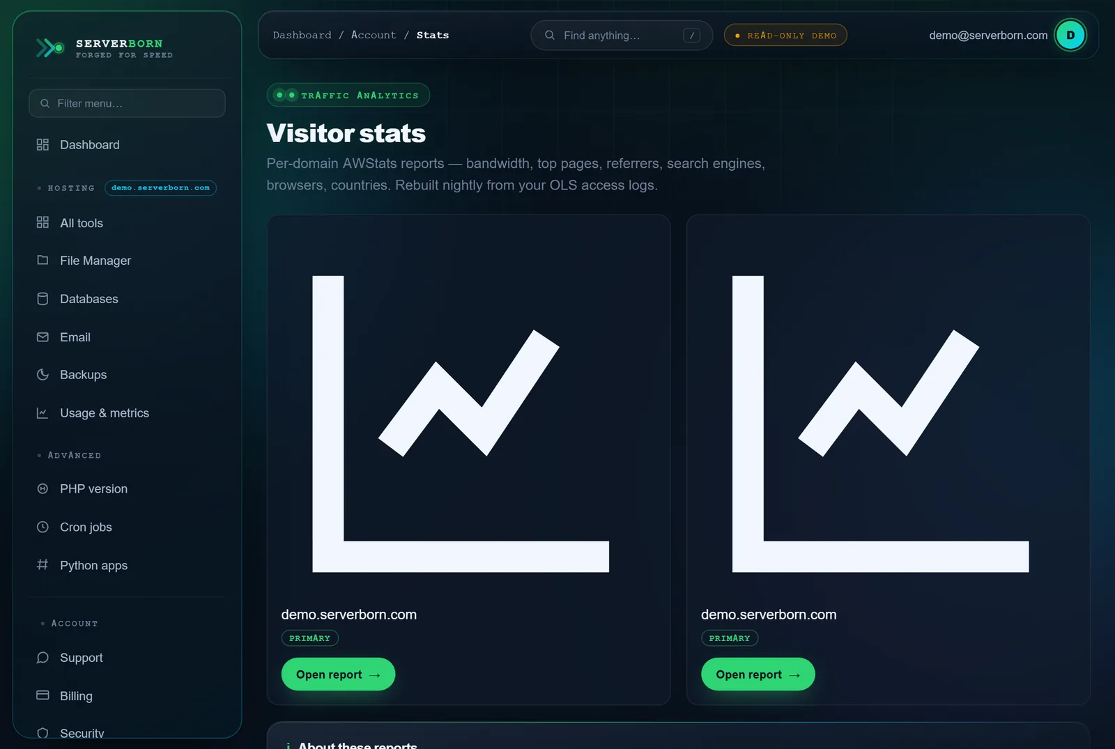Visitor stats — pick a domain, open its full report