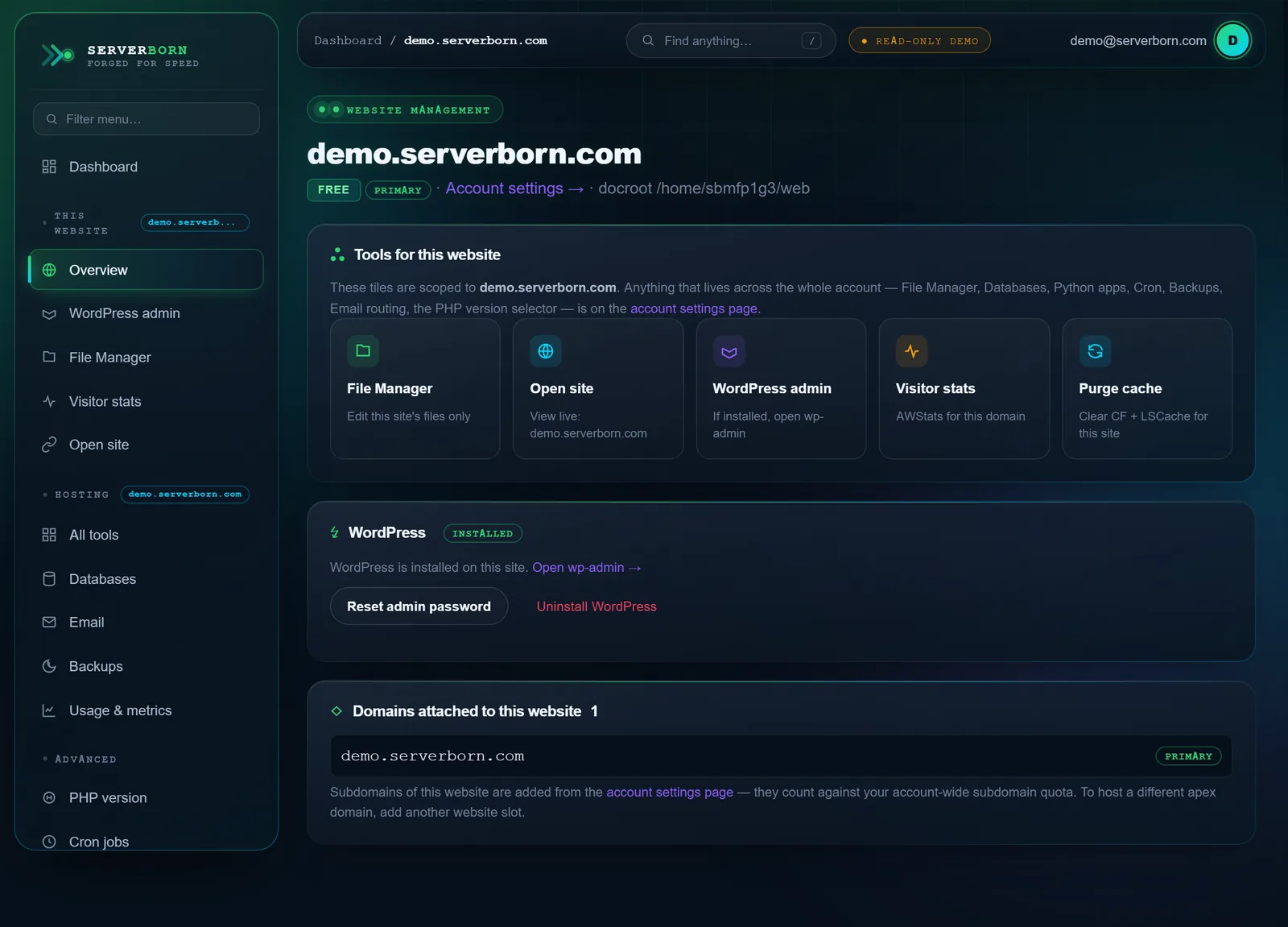 A website's manage page — WordPress install, tools and domains for that site